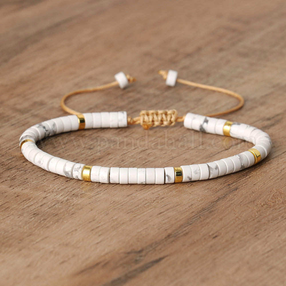 Bracelet Perles Howlite Naturel Avec Pendentif Lotus - Fait Main Sur Mesure