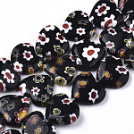 Chapelets de perles vernissées de millefiori manuelles, cœur, noir, 11~12x12x4~5mm, Trou: 1mm, Environ 32~33 pcs/chapelet, 12.72 pouce ~ 13.78 pouces (32.3~35 cm)