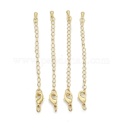 Extensor de cadena de latón chapado de larga duración, con broches de pinza de langosta y puntas de cuentas, sin plomo y cadmio, real 24k chapado en oro, 12x7x3mm, agujero: 3.5 mm, extender la cadena: 65 mm, anillo: 5x0.8 mm