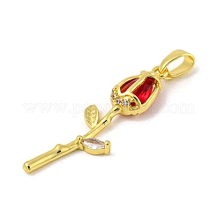 バレンタインデー用のバラの花、本物の 18k ゴールドメッキラックメッキ真鍮マイクロパヴェキュービックジルコニアペンダント  長持ちメッキ  鉛フリー＆カドミウムフリー  レッド  28x8.5x4mm  穴：4.5x2.5mm&nbsp;X-KK-R153-01C-G