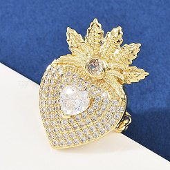 真鍮マイクロペーブクリアキュービックジルコニアカフリング  カドミウムフリー＆鉛フリー  ハート  18KGP本金メッキ  31.5x22.5mm&nbsp;RJEW-P155-04A-G