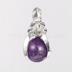 天然石アメジストペンダント  真鍮パーツ  カドミウムフリー＆鉛フリー  爪と丸  プラチナ  35x18mm  穴：5mm&nbsp;G-D643-09-RS