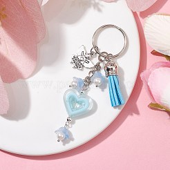 ハートのアクリルキーホルダー  フェイクスエードタッセルとエンジェル合金ペンダントと鉄製スプリットキーリング付き  空色  9.8cm  ペンダント：15~47x10~23x6mm&nbsp;KEYC-JKC00711-04