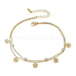 304ステンレススチール製パヴェクリアキュービックジルコニアチャーム2連アンクレット（女性用）  ゴールドカラー  花  8-5/8インチ（218mm）&nbsp;AJEW-K054-01B-G