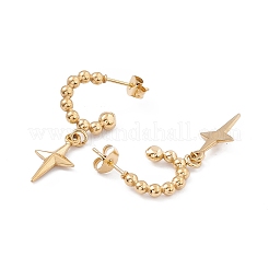 304ステンレススチールリングとスターダングルスタッドピアス  女性用ハーフフープピアス  イオンプレーティング（ip）  ゴールドカラー  33mm  ピン：0.7mm&nbsp;EJEW-B018-03G