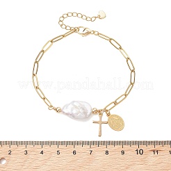 304/201ステンレススチールチャームブレスレット  女性用304ステンレススチールペーパークリップブレスレット  聖母マリアと十字架の楕円形  天然バロックケシパール  ゴールドカラー  7.48インチ（19cm）&nbsp;BJEW-JB13658