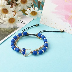 調節可能なナイロン糸編みブレスレット  ナザールボンジュウリンク付き合金エナメルハート付き  手作りのポリマークレイと真鍮ビーズ  ブルー  1/4インチ（0.6cm）  内径：2-1/2インチ（6.3cm）&nbsp;BJEW-JB06545