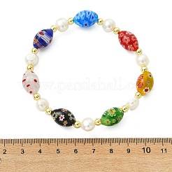 Pulseras elásticas hechas a mano con cuentas de vidrio millefiori y perlas cultivadas naturales de agua dulce para mujer.&nbsp;BJEW-JB13848