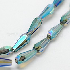 多面カットレインボーメッキティアドロップ電気メッキガラスビーズ連売り  ダークシアン  10x4mm  穴：1mm  約60個/連  23.6インチ&nbsp;EGLA-F104-02A