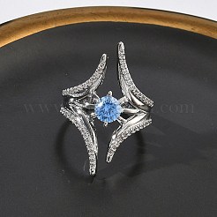 女性用真鍮マイクロパヴェキュービックジルコニアカフオープンリング  長持ちメッキ  ラックめっき  プラチナ  空色  30mm  usサイズ7 1/4(17.5mm)&nbsp;RJEW-L343-09P-02