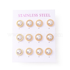 6 ペアのシェルパールハーフラウンドスタッドピアス  女性用304ステンレスポストイヤリング  ホワイト  ゴールドカラー  10mm  ピン：1mm&nbsp;EJEW-A067-19G