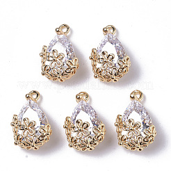 真鍮チャーム  ファセットガラス付き  ティアドロップ  花と  18KGP本金メッキ  ニッケルフリー  透明  17x10x7mm  穴：1.4mm&nbsp;KK-S354-236A-NF