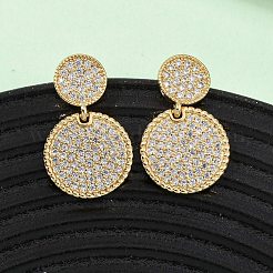 Латунные плоские круглые серьги-гвоздики с микропаве из кубических цирконий EJEW-B153-06G