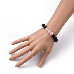 Bracelets extensibles en quartz rose naturel et pierre de lave&nbsp;BJEW-JB05415-02