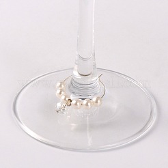 模造アクリルパールビーズのワイングラスチャーム  ガラスビーズと真鍮のフープピアスと  プラチナ  ホワイト  34mm  ピン：0.7mm&nbsp;AJEW-JO00024-01