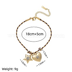 304ステンレススチールのエナメルとラインストーンとガラスとコットンコードのチャームブレスレット  18KGP本金メッキ  スター＆ハート  6.30インチ（16cm）&nbsp;FS-WGBC5B1-03