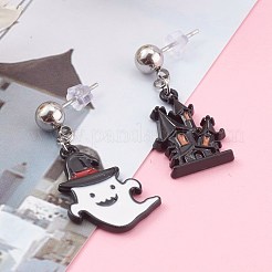 ハロウィン用合金エナメル非対称イヤリング  304ステンレススチールスタッドピアス金具とプラスチック製イヤーナット付き  お化け屋敷と幽霊  ブラック＆ホワイト  38mmと35mm  ピン：0.8mm&nbsp;EJEW-JE04488