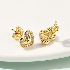 Серьги-гвоздики из латуни с микро-паве и прозрачным фианитом в форме сердца&nbsp;EJEW-P336-03G