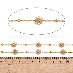 ガラスと304ステンレス鋼のアズキチェーン、ビーズチェーン  花  18KGP本金メッキ  ハンダ付け  イオンプレーティング（ip）  長持ちメッキ  ペルー  9x3mm  約16.40フィート（5m）/ロール&nbsp;SA-CBAD321-03G