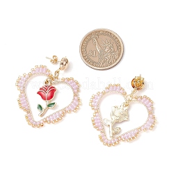 鉄の花のダングルスタッドピアス  ハートのガラス編みペンダント付き  ゴールドカラー  ラベンダー  56x41mm&nbsp;EJEW-MZ00404-02