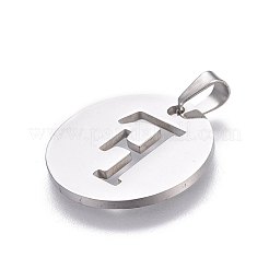 変色しない201ステンレススチールペンダント  アルファベット付きフラットラウンド  ステンレス鋼色  文字F  20x1.3mm  穴：4x3mm&nbsp;STAS-L221-33F