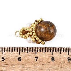 ナチュラルタイガーアイラウンドペンダント  シェルパール付きクラウンビーズチャーム  ゴールドカラー  26x16x12.5mm  穴：3mm&nbsp;PALLOY-MZ01402
