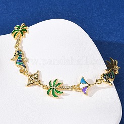 Браслеты из латуни с кубическим цирконием и эмалевыми звеньями на морскую тематику для женщин&nbsp;BJEW-F514-01B-G