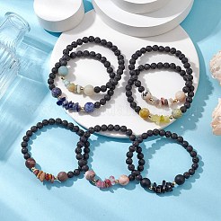 7 set di braccialetti elastici con perline rotonde e scaglie di pietra naturale mista per donna&nbsp;BJEW-JB11130