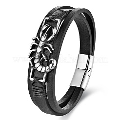 Pulseras multihilo de piel sintética negra y acero inoxidable 316L con diseño de ciempiés y cierres magnéticos para hombre.&nbsp;WG416ED-01
