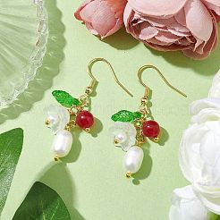 天然養殖淡水パールダングルピアス  女性用フラワーガラス＆304ステンレススチールイヤリング  ホワイトスモーク  43~45x11mm&nbsp;EJEW-JE05860-01