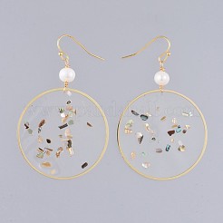 ダングルピアス  エポキシ樹脂  シェル  天然パール  合金パーツと真鍮のピアスフック  フラットラウンド  18KGP本金メッキ  63~71mm  ピン：0.7mm&nbsp;EJEW-JE03528-01