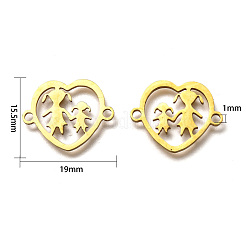 201 ステンレススチールリンクコネクター  レーザーカットリンク  女の子とハート  ゴールデン·ステンレス鋼色  15.5x19x1mm  穴：1mm&nbsp;STAS-S106-04