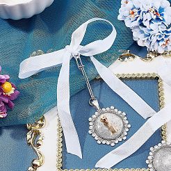 2 шт. плоская круглая брошь-подвеска в виде цветка из сплава с бантом из атласной ленты&nbsp;HJEW-FH0001-21