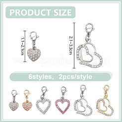 12 шт. 6 стиля подвеска в форме сердца из латуни и сплава со стразами&nbsp;HJEW-DR00171