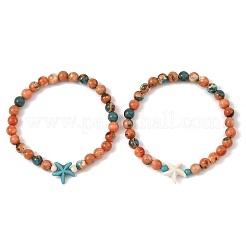 2 Stück 2 Farben Sommer Strand rund synthetisches Ozeanweiß Jade & Seestern gefärbtes türkis perlenbesetztes Stretch-Armband-Set&nbsp;BJEW-JB14185