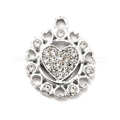 合金ラインストーンペンダント  ハートチャーム付きプラチナトーンフラットラウンド  クリスタル  20.5x17x2.8mm  穴：2mm&nbsp;ALRI-C007-34P