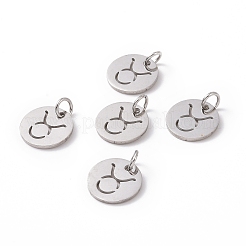変色しない304ステンレススチールチャーム  星座/星座とフラットラウンド  牡牛座  12x1mm  穴：3mm&nbsp;STAS-Q201-T445-2S