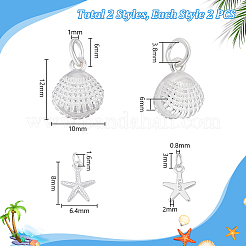 4 шт. 2 стиля в форме морской звезды/ракушки 925 подвески в виде морских животных из стерлингового серебра&nbsp;STER-PH0003-43