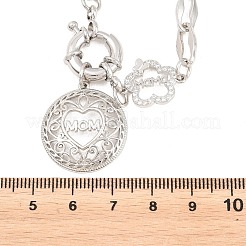 Collar colgante redondo plano hueco de latón con micro circonitas cúbicas transparentes y corazón para el Día de la Madre.&nbsp;NJEW-A071-05P