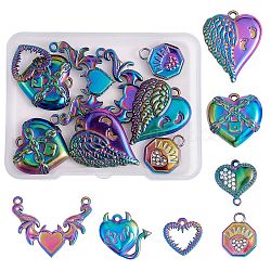 14Pcs 7 Style 304 Stainless Steel Pendant, Heart & Octagon with Heart, Rainbow Color, 14~28x12.5~30x1.5~3mm, Hole: 1.4~2mm, 2pcs/style