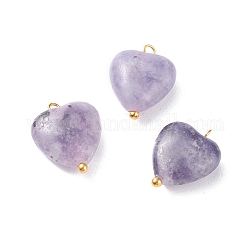 Colgantes de piedra de mica púrpura/lepidolita natural, con lazos dorados de latón, corazón, 15~15.5x12~12.5x5.5~6mm, agujero: 1.5 mm