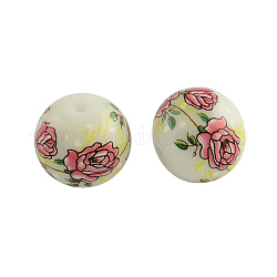 Flower Picture Glass Beads, Round, Pale Violet Red, 14x13mm, Hole: 1.5mm