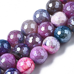Natural Agate Beads Strands, Pearl Luster Plated, Faceted, Round, Camellia, 12mm, Hole: 1.6mm, about 32~34pcs/strand, 13.94~16.06 inch(35.4~40.8cm)