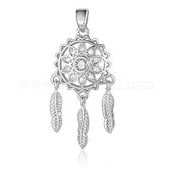 Brass Micro Pave Cubic Zirconia Pendants, Woven Net/Web with Feather Charms, Platinum, 26x14x2.4mm