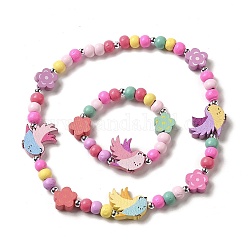 Ensemble de bijoux en bois d'érable et acrylique, collier de perles et bracelet extensible pour enfants, oiseau, bracelet : diamètre intérieur : 1-5/8 pouce (4 cm), collier : 15-5/8 pouce (39.6 cm)