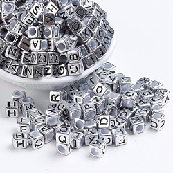 Perles européennes acryliques à gros trous plaquées argent antique, trou horizontal, cube avec lettres aléatoires, 6x6x6mm, Trou: 4mm, environ 295 pcs/50 g