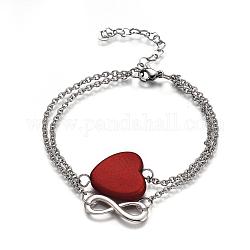 304 bracelet en acier inoxydable à brins multiples, avec maillons infini en alliage et perles acryliques de style caoutchouté, cœur, rouge, 7-5/8 pouce (19.5 cm)