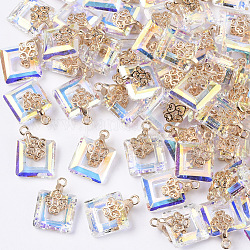 Glas Charms galvanisieren, mit leicht vergoldeten Messing-Eispickeln, Rechteck, klar ab, 14x10x5.5 mm, Bohrung: 1 mm