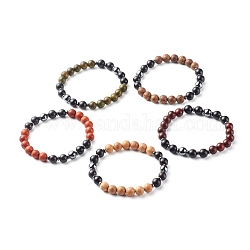Non-magnétiques perles synthétiques d'hématite étirer bracelets, avec des perles en bois naturel, ronde, couleur mixte, diamètre intérieur: 2-5/8 pouce (6.6 cm), 8mm