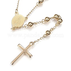 Colliers chapelet perles en 304 acier inoxydable, avec pendentif croix et homard fermoirs griffe, or, 25.6 pouce (65 cm)